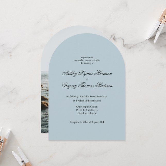 Photo Arch Shaped teal Wedding Invitation (Front/Back In Situ)