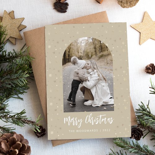 Photo Arch Stars Merry Christmas Beige Gold Holiday Card