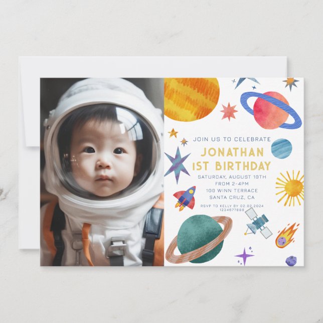 Photo Astronaut Planets Space Boy 1st  Birthday Invitation (Front)