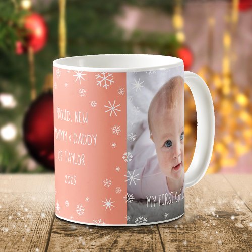 Photo Baby 1st Christmas New Mom Dad Custom Peach Coffee Mug