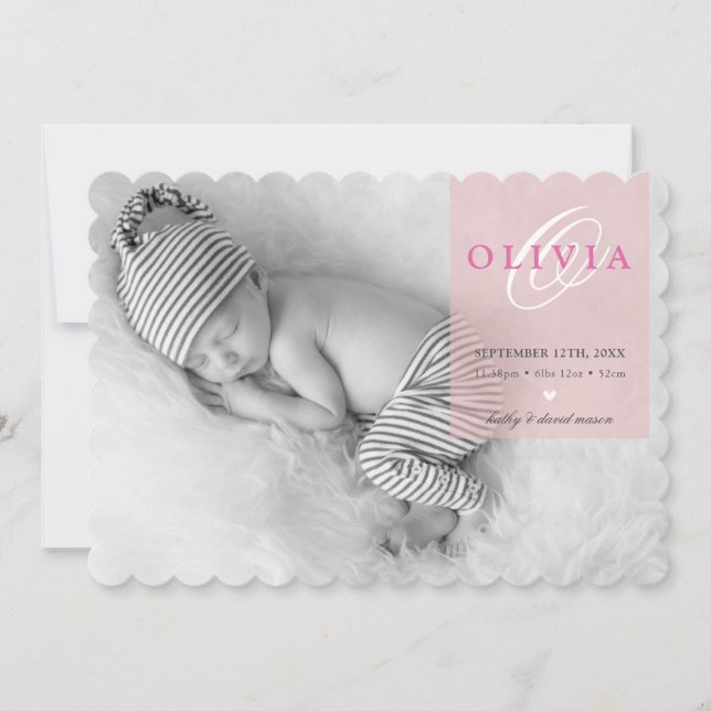 PHOTO BABY ANNOUNCEMENT initial overlay blush pink (Front)