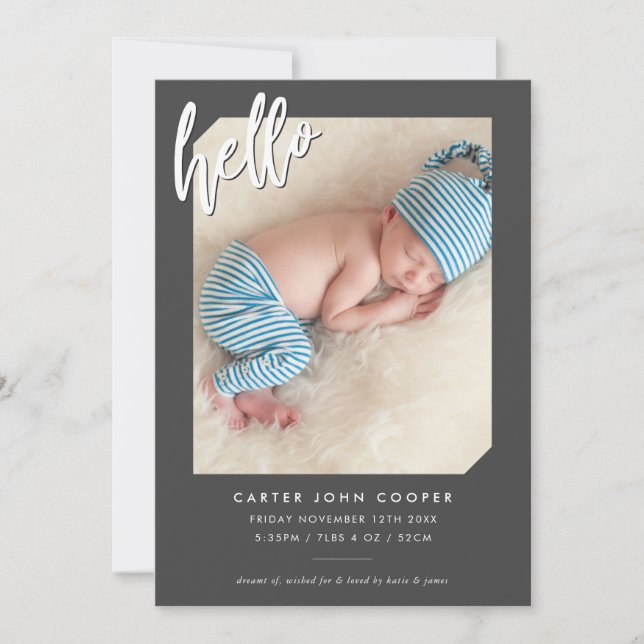 PHOTO BABY ANNOUNCEMENT modern hello script gray (Front)