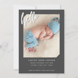 PHOTO BABY ANNOUNCEMENT modern hello script gray