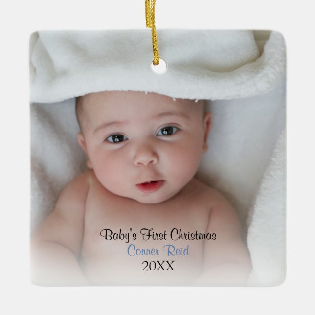 Photo Baby Boy Blue Baby's First Christmas Ceramic Ornament (Front)