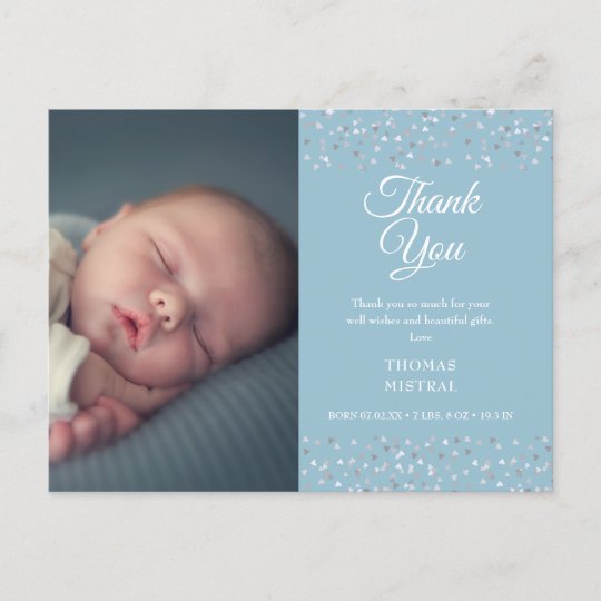 Photo Baby Boy Script Love Hearts Thank You Birth Announcement Postcard ...