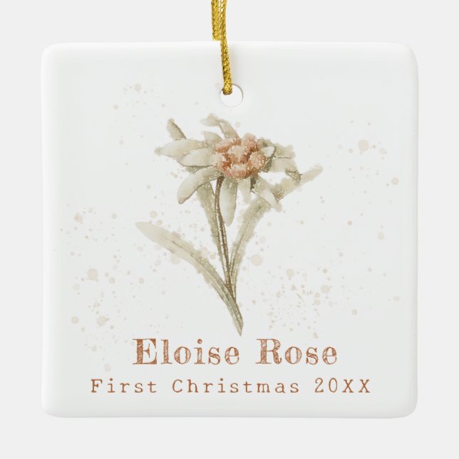 Photo Baby First Christmas Edelweiss Ceramic Ornament (Front)
