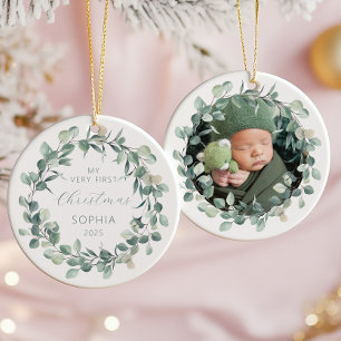 Photo Baby First Christmas Eucalyptus Wreath Ceramic Ornament