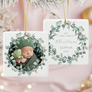Photo Baby First Christmas Eucalyptus Wreath Ceramic Ornament