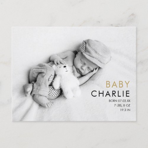 Photo Baby Modern Elegant Gold Love Hearts Birth Announcement Postcard