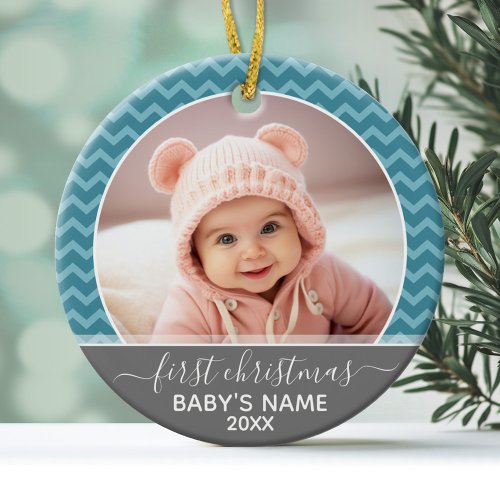 Photo Babys First Christmas _ blue chevrons gray Ceramic Ornament