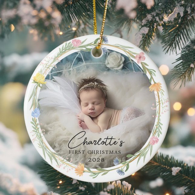 Photo Baby's First Christmas - Cute Floral Wreath Ceramic Ornament (Photo Baby's First Christmas - Cute Floral Wreath Ceramic Ornament)