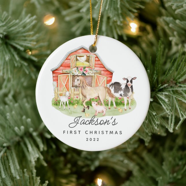 Photo Baby's First Christmas Farm Animals Ceramic Ornament (Tree)