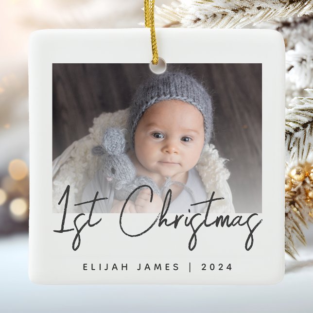 Photo Baby's First Christmas Gray Script Ceramic Ceramic Ornament (Creator Uploaded)
