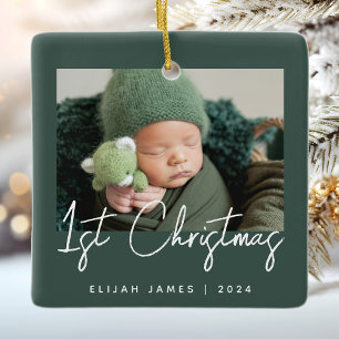 Photo Baby's First Christmas Green White Ceramic Ornament