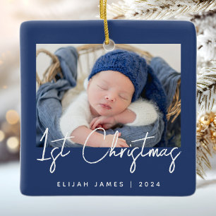 Photo Baby's First Christmas Navy Blue White Ceramic Ornament