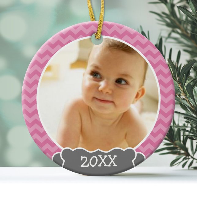 Photo Babys First Christmas - pink chevrons gray Glass Ornament (Personalized Photo Ornament - Baby's First Christmas)
