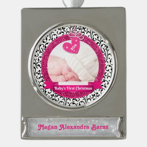 Photo Babys First Christmas Pink Heart Damask Silver Plated Banner Ornament