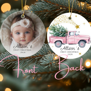 Photo Baby's First Christmas - Pink Truck Ceramic Ornament