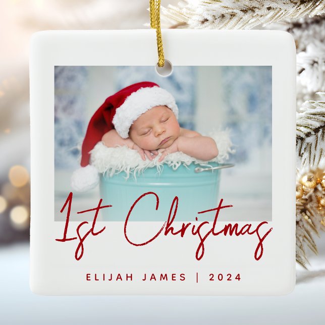 Photo Baby's First Christmas Red Script Ceramic Ornament (Creator Uploaded)