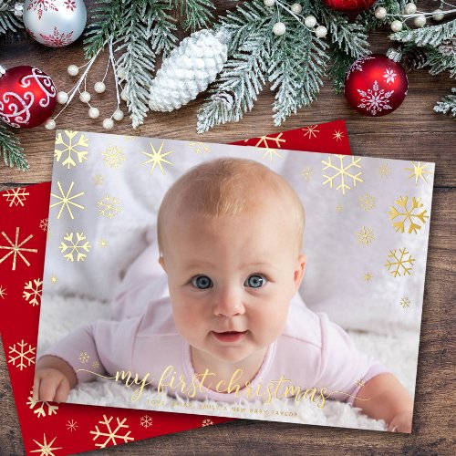 Photo Babys First Christmas Snowflakes Real Gold Foil Holiday Card