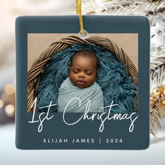 Photo Baby's First Christmas Teal Blue White Ceramic Ornament (Creator Uploaded)