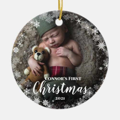 Photo Babys Name First Christmas Snowflake Frame Ceramic Ornament