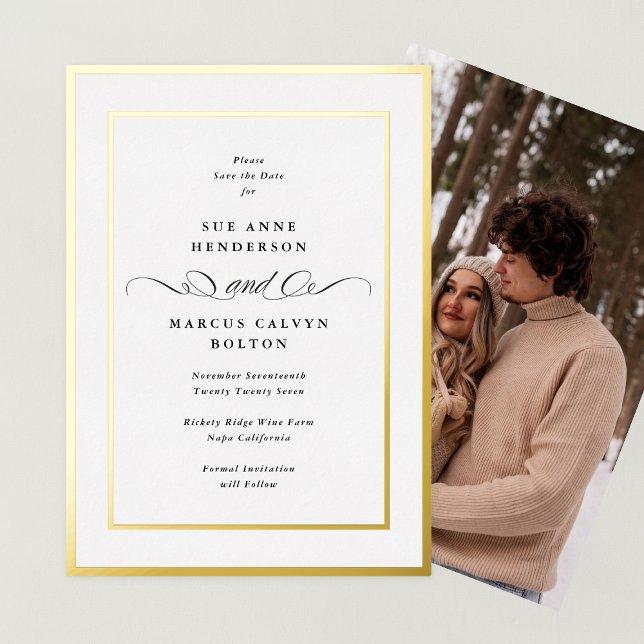 Photo Back Gold Frame Wedding Save The Date Foil Invitation (Creator Uploaded)