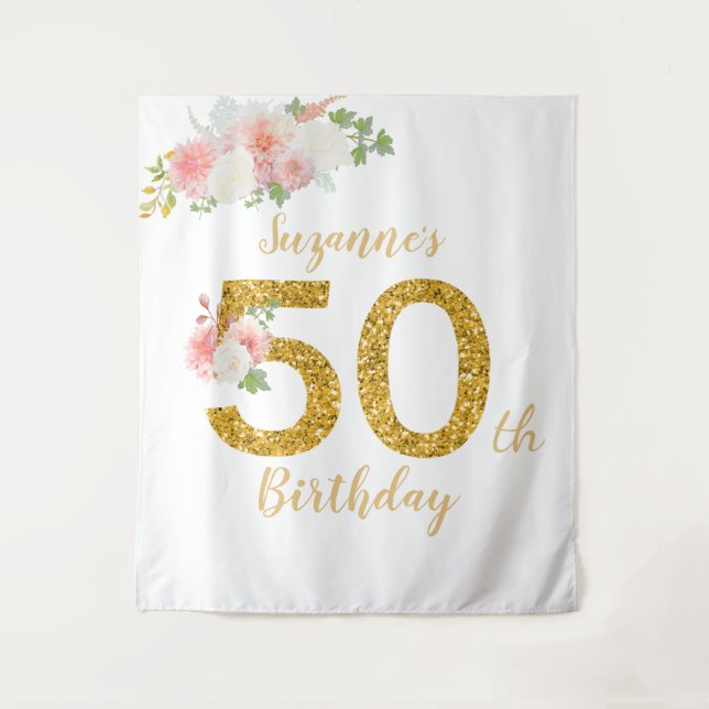 Photo Backdrop 50th Birthday Party Gold Flower (Front)