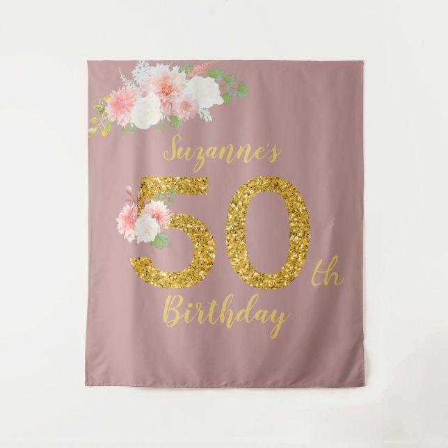 Photo Backdrop 50th Birthday Party Gold Flower (Front)