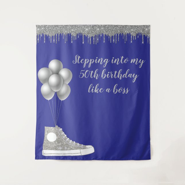 Photo Backdrop 50th Birthday Party Silver Glitter (Front)