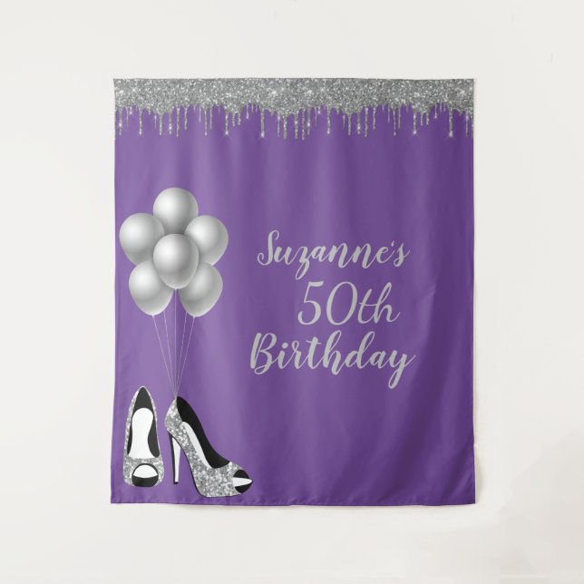 Photo Backdrop 50th Birthday Party Silver Glitter (Front)