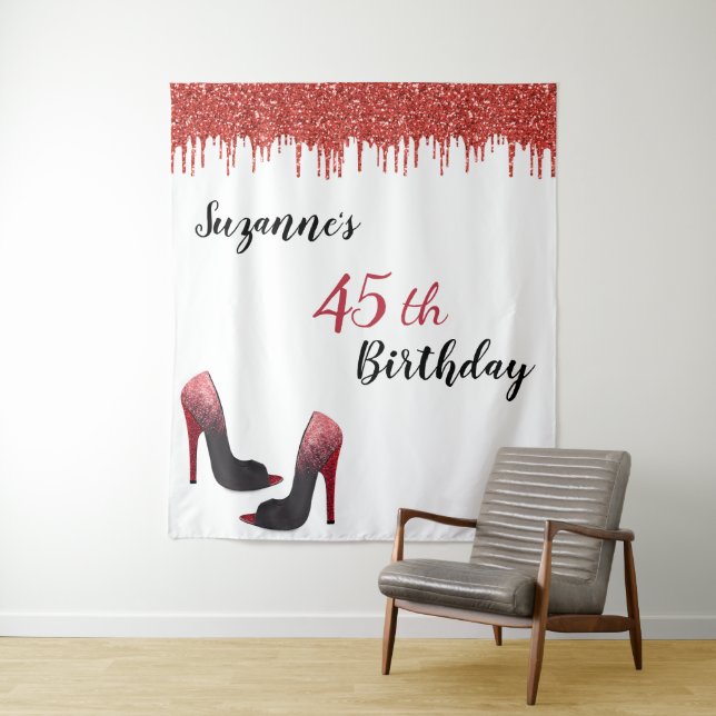 Photo Backdrop Custom Birthday Party Red Glitter (In Situ)