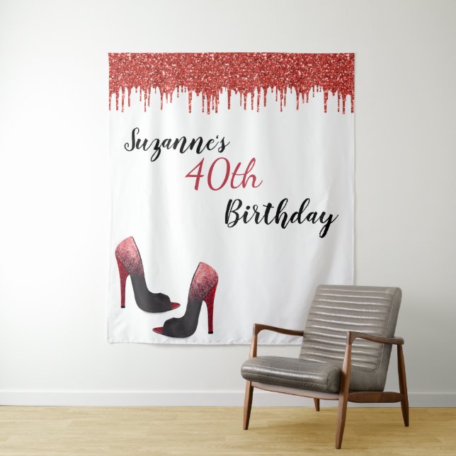 Photo Backdrop Custom Birthday Party Red Glitter (In Situ)