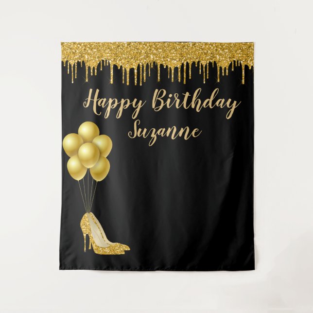 Photo Backdrop Happy Birthday Party Gold Glitter (Front)