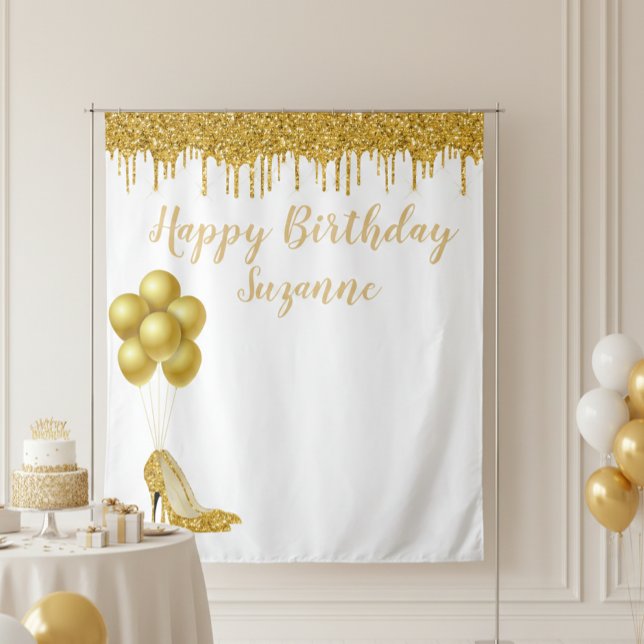 Photo Backdrop Happy Birthday Party Gold Glitter (Creator Uploaded)