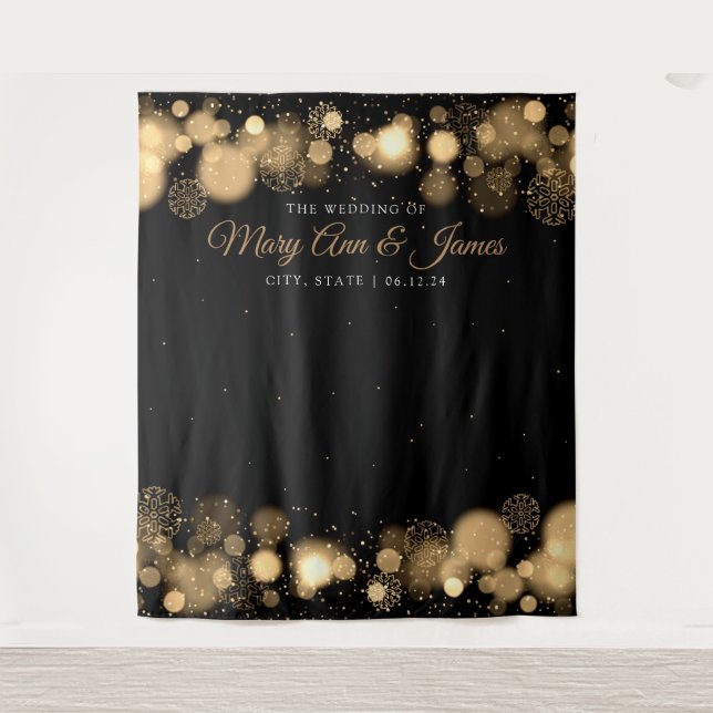 Photo Backdrop Winter Wedding Names Gold Lights (Front)