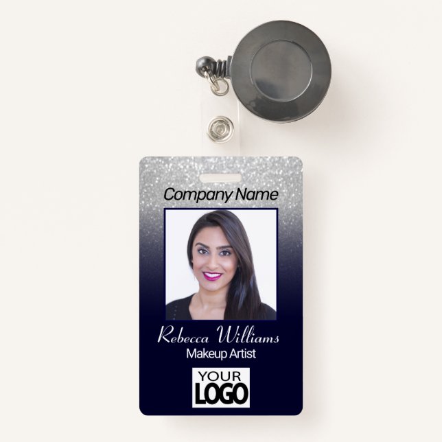 Photo Badge - Navy Blue with Faux Glitter (Front with Retractable)