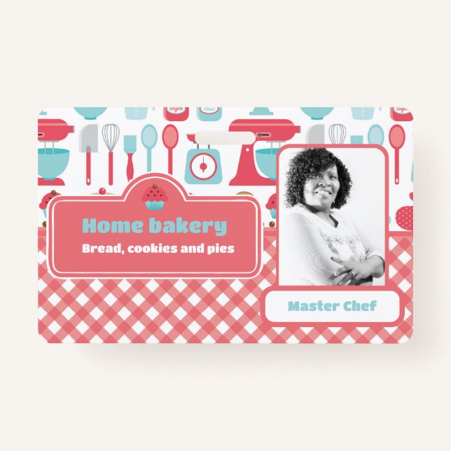 Photo Bakery Baking Utensils Pattern Red Gingham Badge (Front)