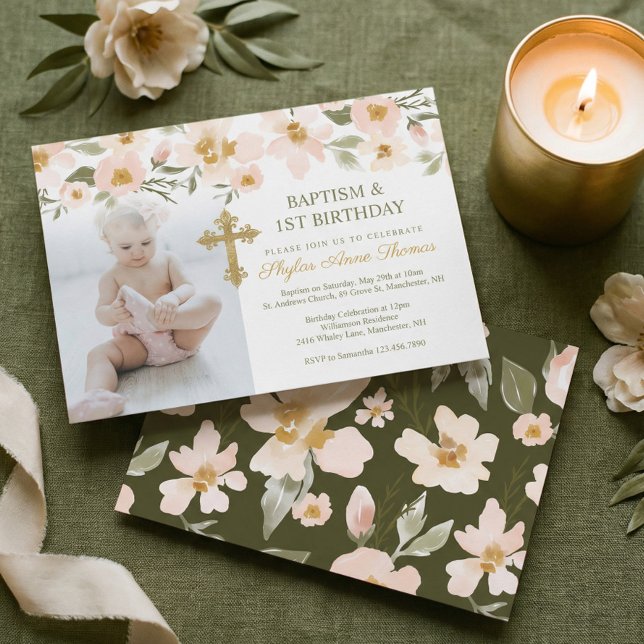 Photo Baptism & 1st Birthday Watercolor Florals Invitation (Photo Baptism & 1st Birthday Watercolor Florals Invitation)