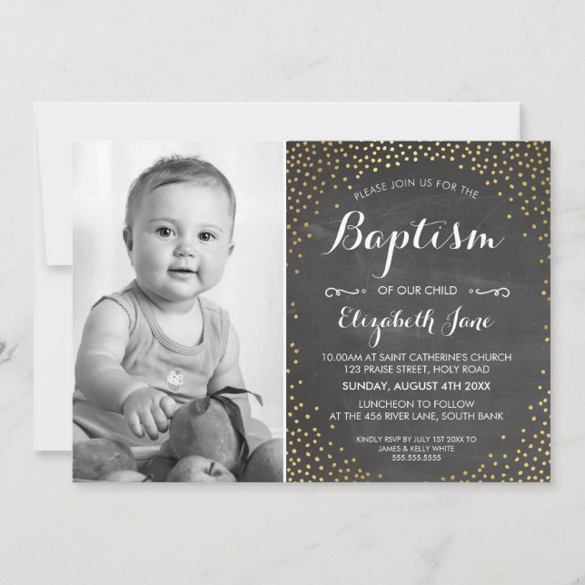 PHOTO BAPTISM cute mini gold confetti chalkboard Invitation (Front)