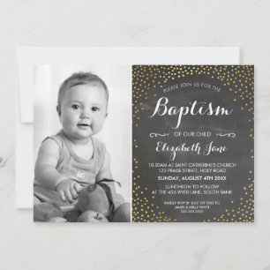 PHOTO BAPTISM cute mini gold confetti chalkboard Invitation