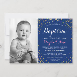 PHOTO BAPTISM cute mini gold confetti pattern navy Invitation