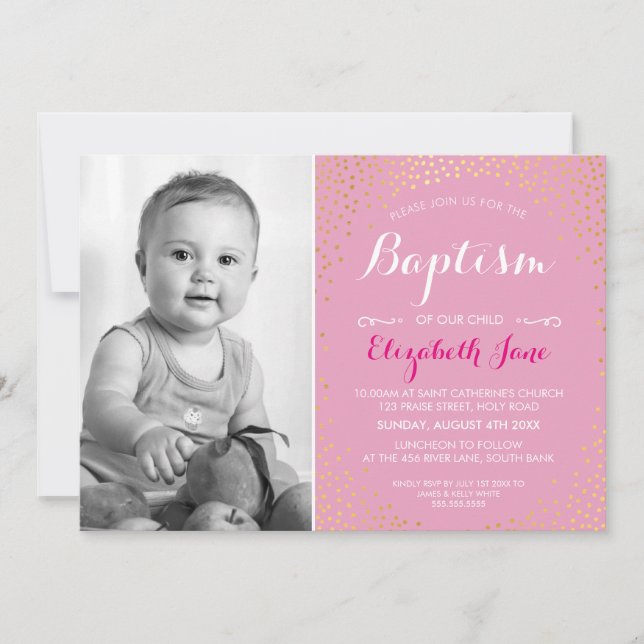 PHOTO BAPTISM cute mini gold confetti pattern pink Invitation (Front)