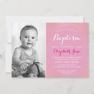 PHOTO BAPTISM cute mini gold confetti pattern pink Invitation