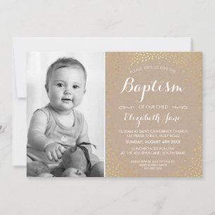 PHOTO BAPTISM cute mini gold confetti white kraft Invitation