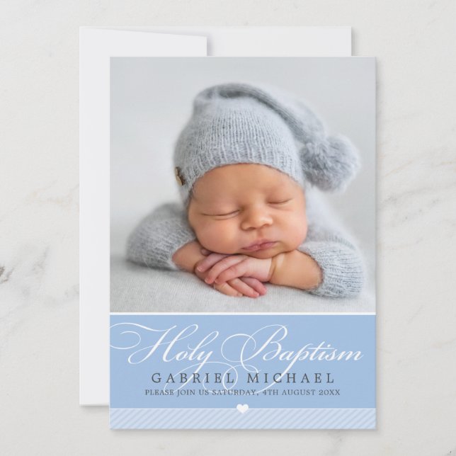 PHOTO BAPTISM elegant calligraphy sweet boy blue Invitation (Front)