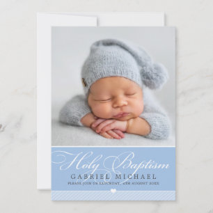 PHOTO BAPTISM elegant calligraphy sweet boy blue Invitation