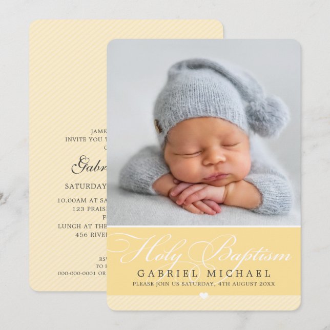 PHOTO BAPTISM elegant calligraphy sweet boy blue Invitation (Front/Back)