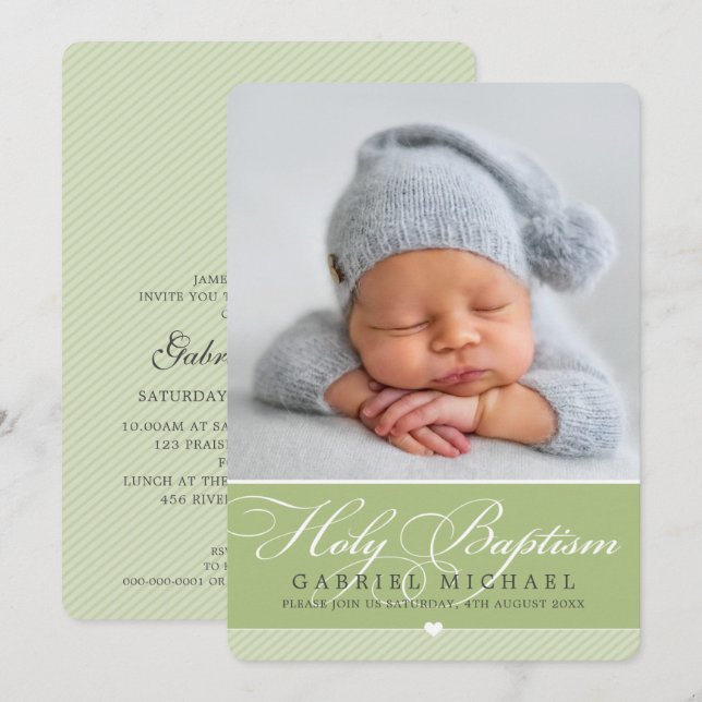 PHOTO BAPTISM elegant calligraphy sweet boy green Invitation (Front/Back)