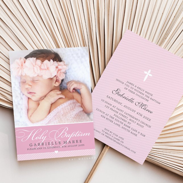PHOTO BAPTISM elegant calligraphy sweet girl pink Invitation (Creator Uploaded)